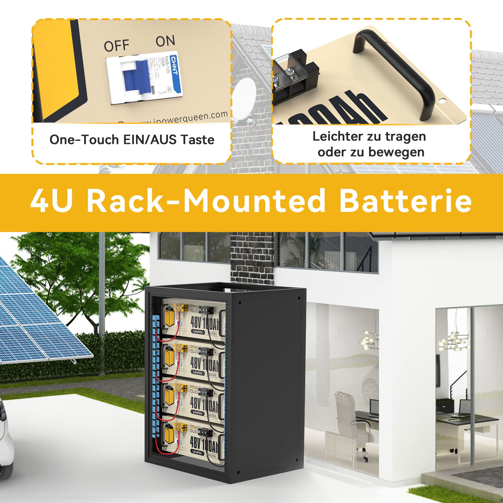 【0% Mwst.】Power Queen 48V 100Ah 4HE Serverrack LiFePO4 Batterie mit 100A BMS