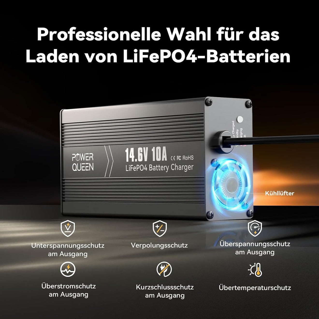 Power Queen 14,6V 10A LiFePO4 Ladegerät für 12V LiFePO4-Batterie