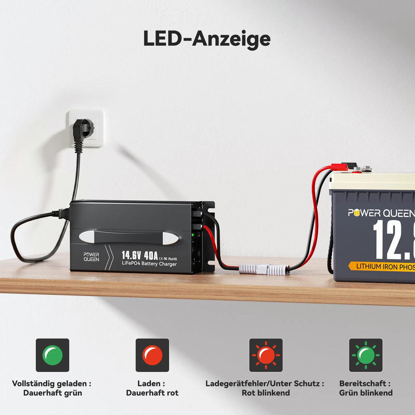 Carregador Power Queen 14,6V 40A LiFePO4 com alça para bateria de 12V