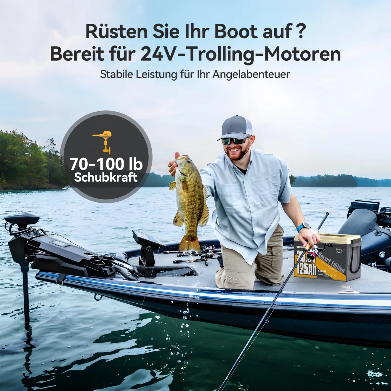 Power Queen 24V 125Ah Smart LiFePO4 Bootsbatterie mit Selbstheizung
