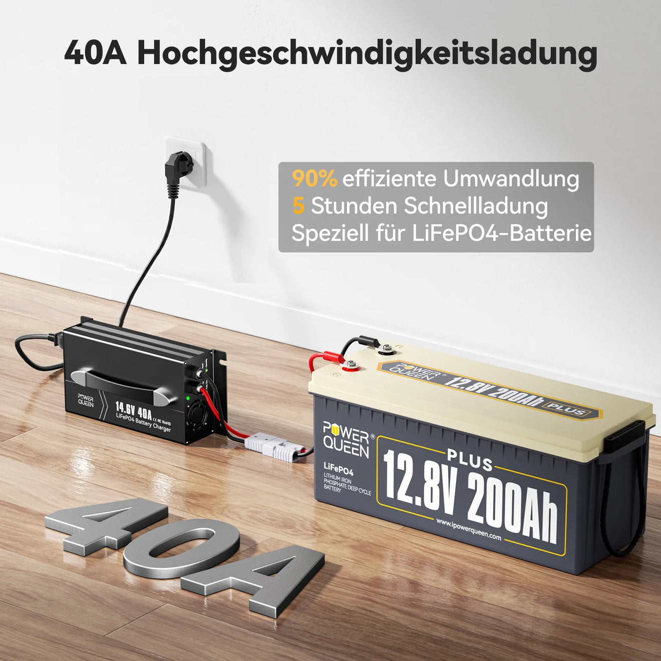 Carregador Power Queen 14,6V 40A LiFePO4 com alça para bateria de 12V