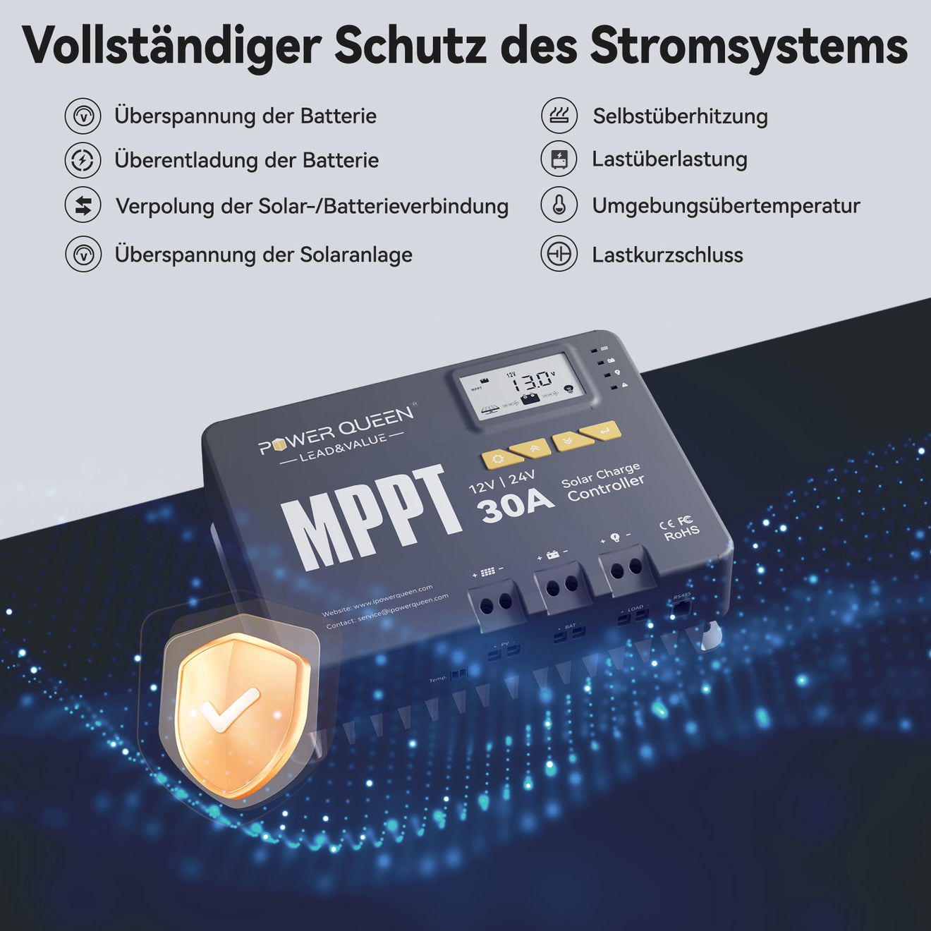 Power Queen MPPT 12/24V 30A Solarladeregler mit Bluetooth-Modul
