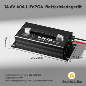 Carregador Power Queen 14,6V 40A LiFePO4 com alça para bateria de 12V