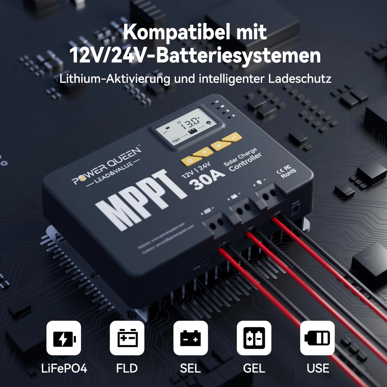 Power Queen MPPT 12/24V 30A Solarladeregler mit Bluetooth-Modul