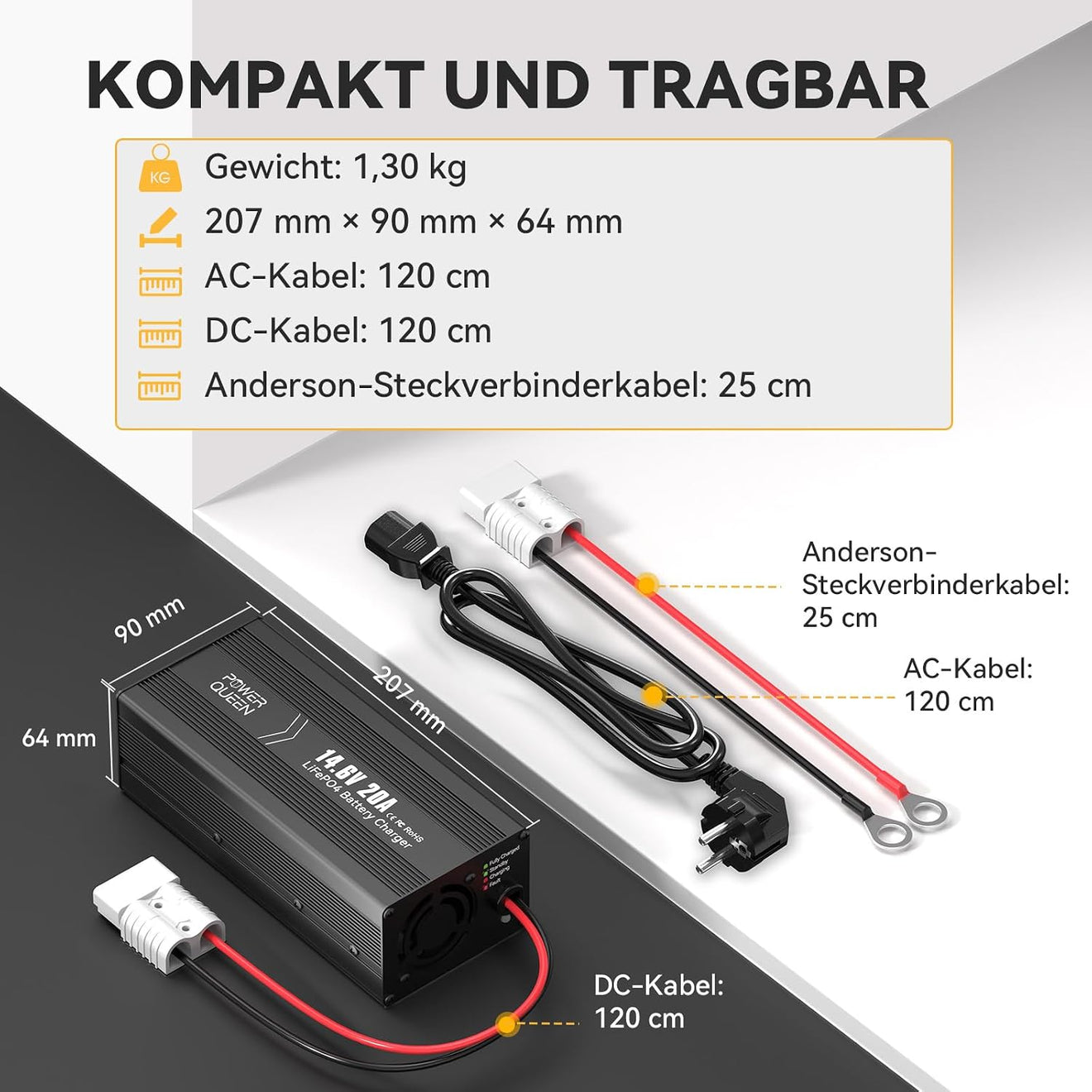 Power Queen 14,6V 20A LiFePO4 Ladegerät für 12V LiFePO4-Batterie