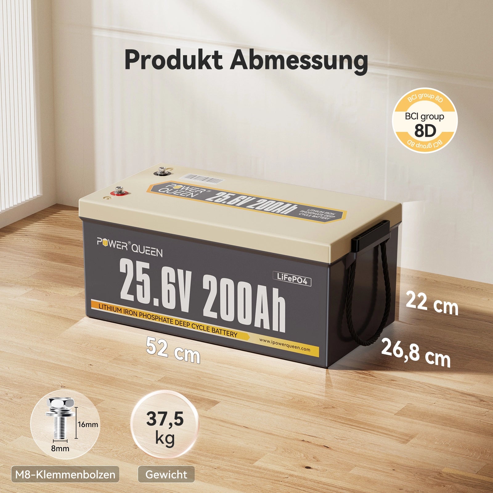 Power Queen 24V 200Ah LifePo4 Battery, costruita -in 200a bms