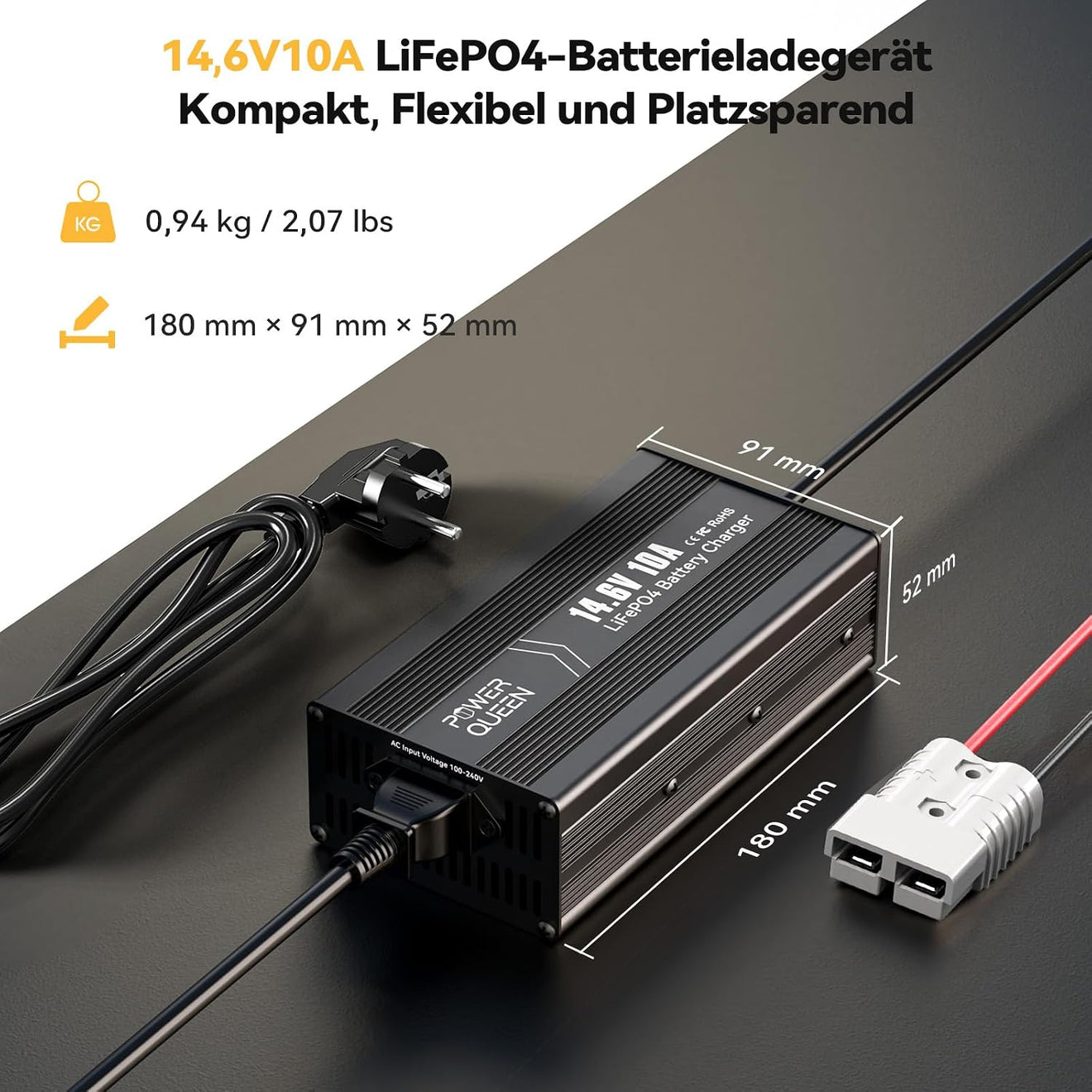 Power Queen 14,6V 10A LiFePO4 Ladegerät für 12V LiFePO4-Batterie
