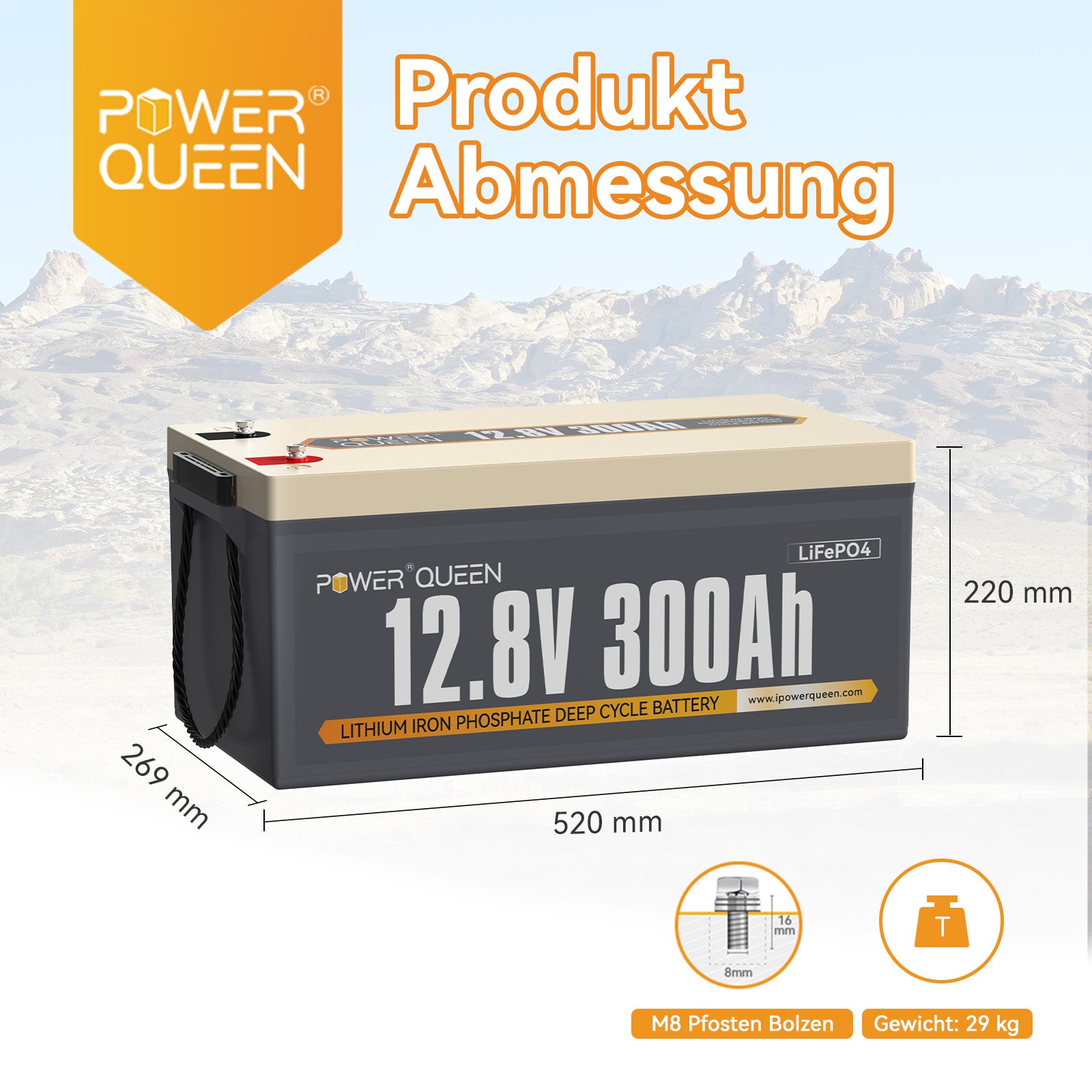 Power Queen 12V 300Ah LiFePO4 battery, integrated 200A BMS