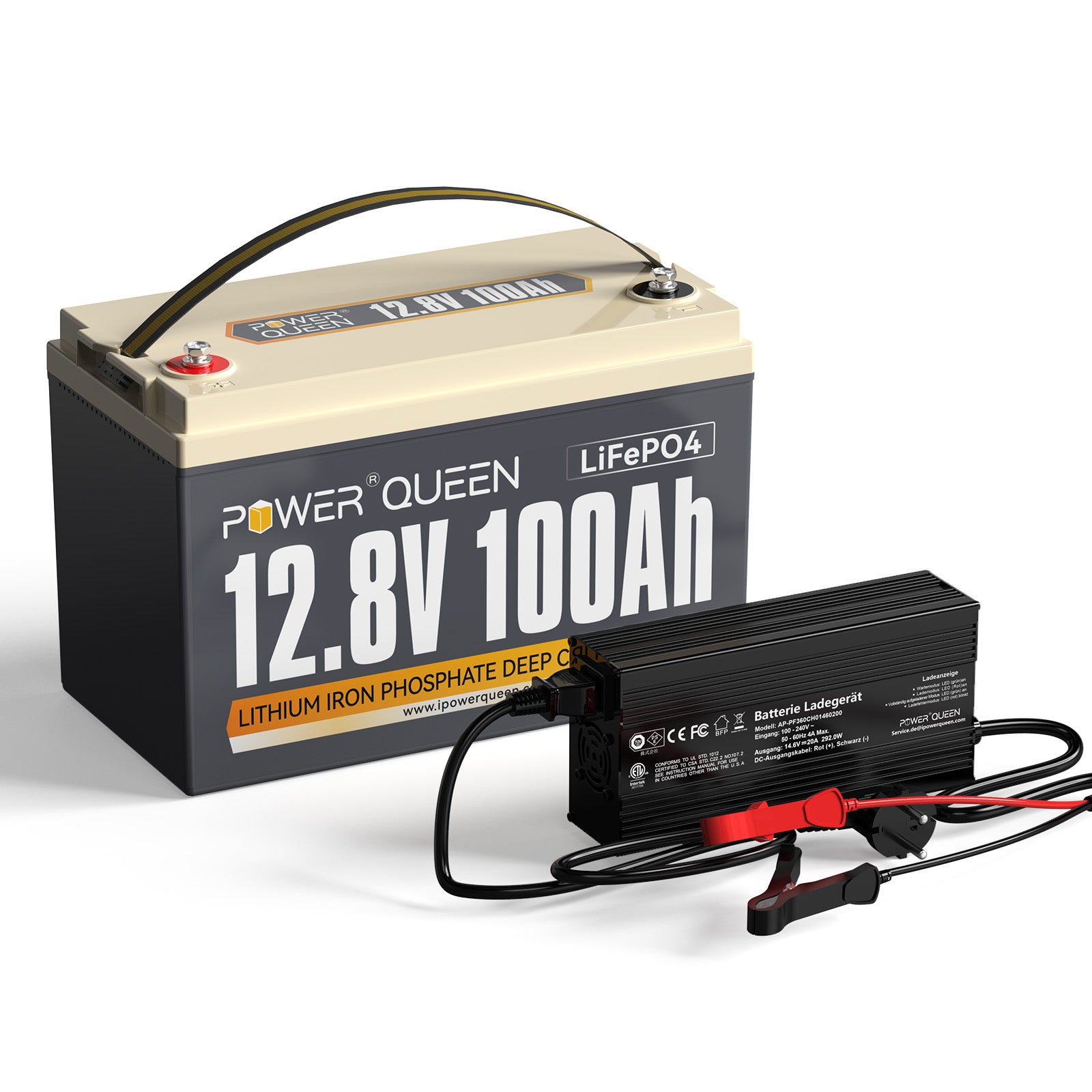Batterie Power Queen 12,8 V 100 Ah LiFePO4 avec chargeur 14,6 V 20 A LiFePO4