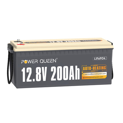 Power Queen 12.8V 200Ah Self-Heating LiFePO4 Battery, Built-in 100A BMS