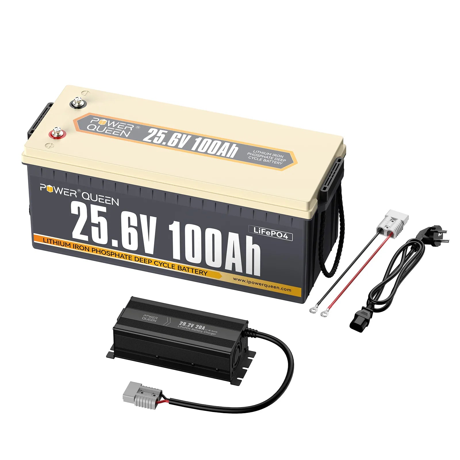 Power Queen 24V 100Ah LiFePO4 Batterie, Eingebautes 100A BMS