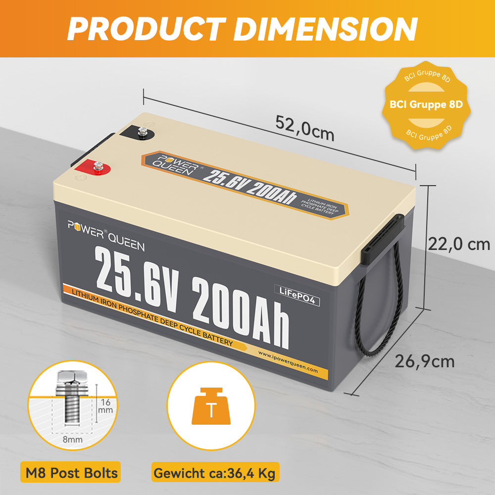 【TVA 0%】 Batterie Power Queen 25,6 V 200 Ah LiFePO4, BMS 200 A intégré