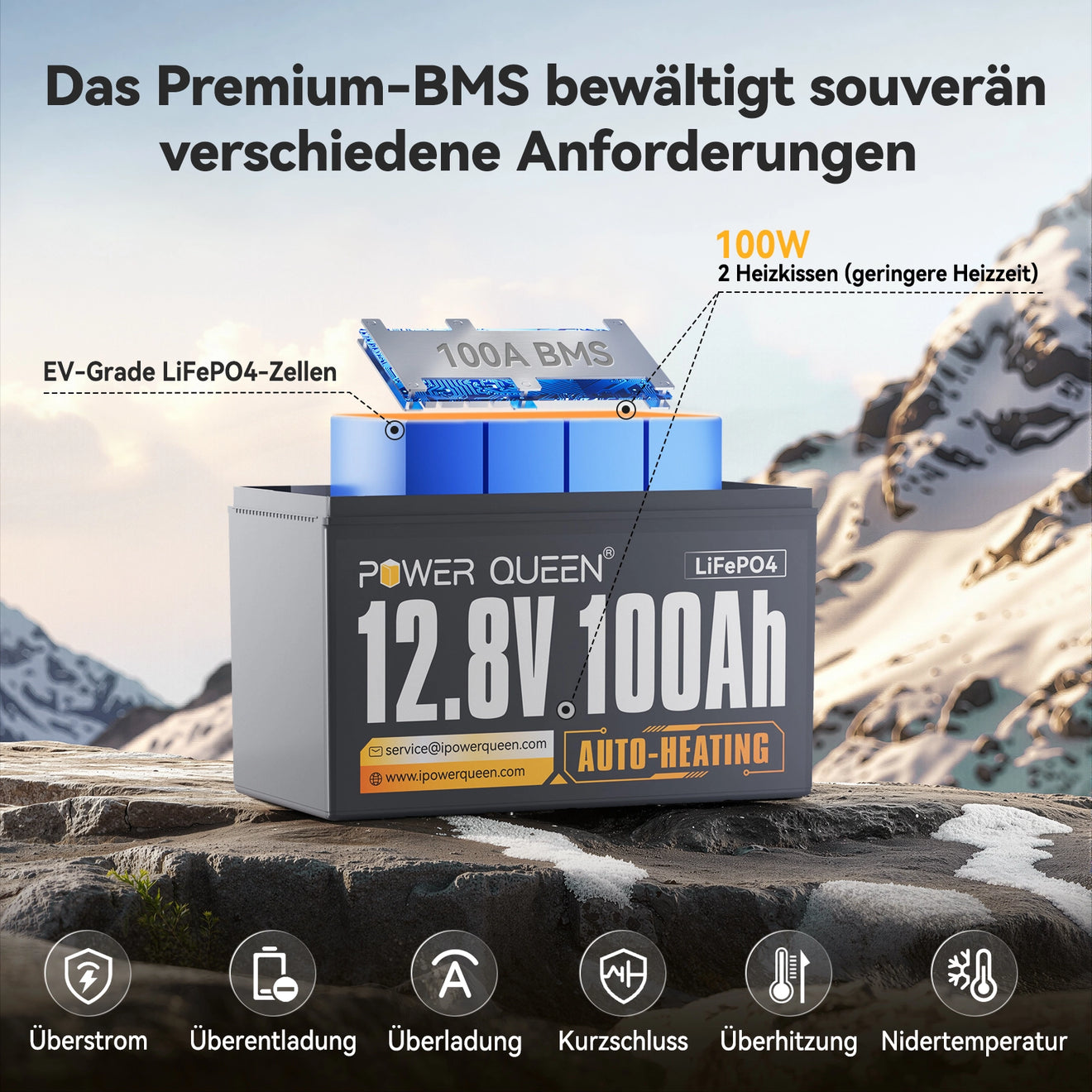 Power Queen 12V 100Ah Selbstheizende LiFePO4 Batterie, Eingebautes 100A BMS