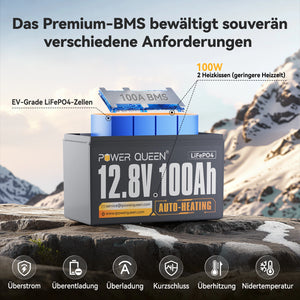 Power Queen 12V 100Ah Selbstheizende LiFePO4 Batterie, Eingebautes 100A BMS