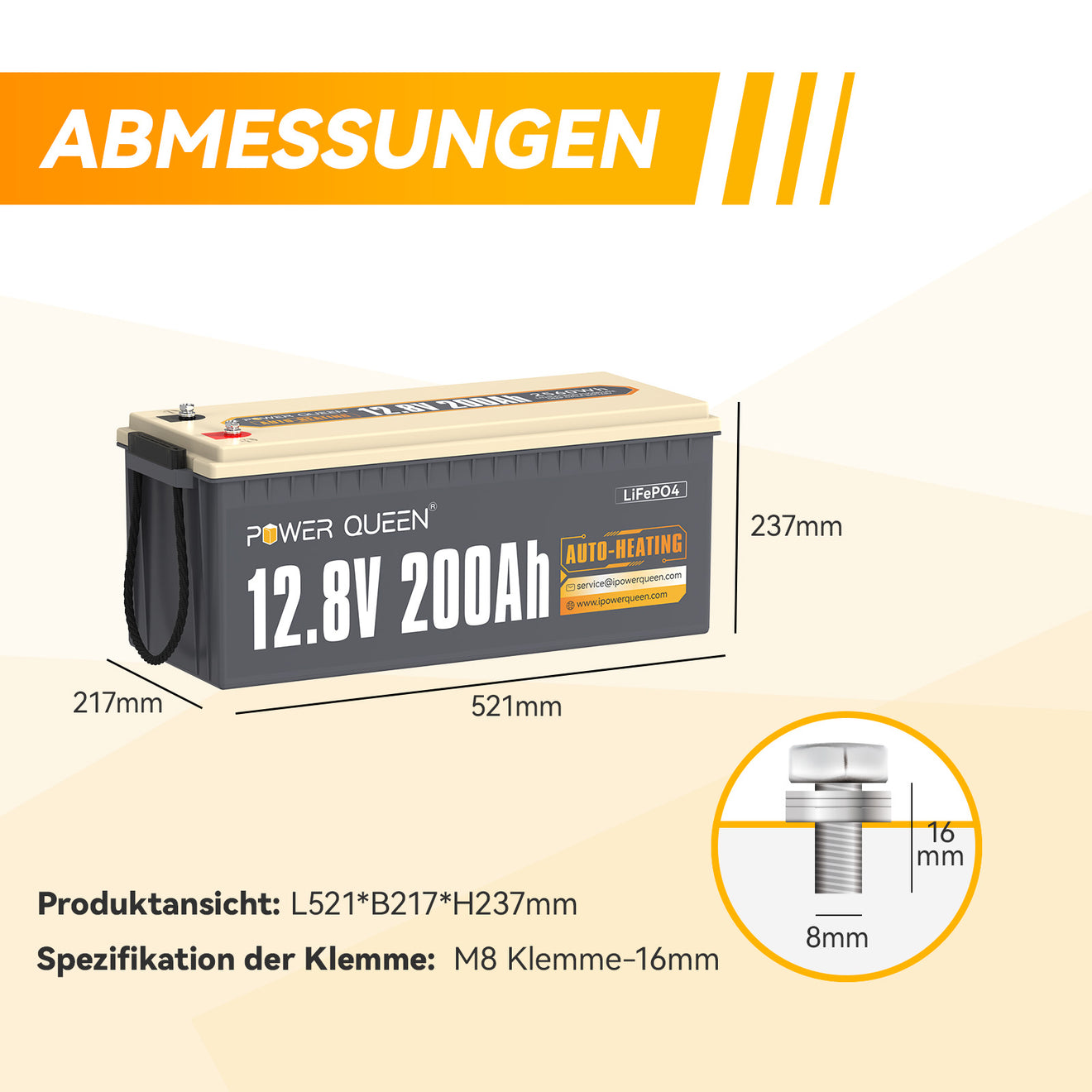 【0% VAT】Power Queen 12V 200Ah self-heating LiFePO4 battery, built-in 100A BMS