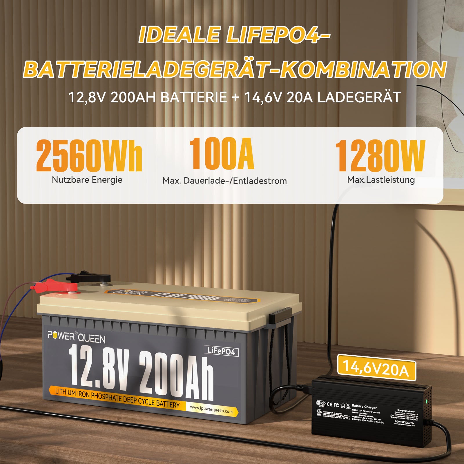 Power Queen 12,8V 200Ah LiFePO4-Akku mit 14,6V 20A LiFePO4 Ladegerät