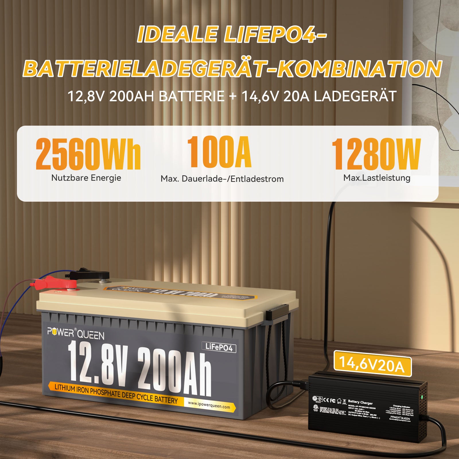Power Queen 12.8V 200Ah LiFePO4 battery with 14.6V 20A LiFePO4 charger