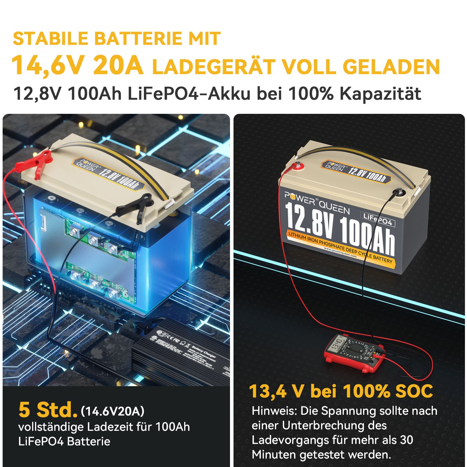 Power Queen 12.8V 100Ah LiFePO4 battery with 14.6V 20A LiFePO4 charger