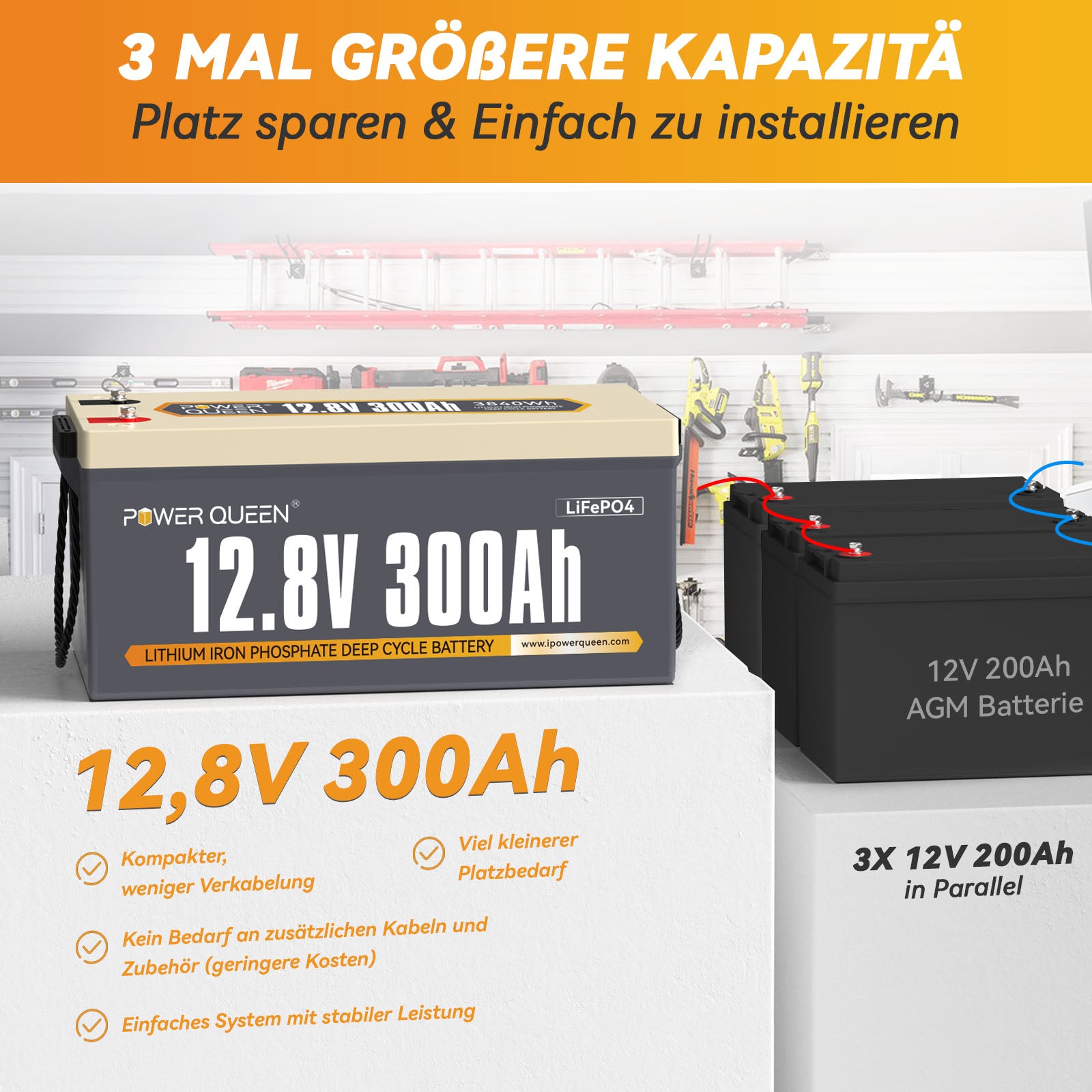 Power Queen 12V 300Ah LiFePO4 battery, integrated 200A BMS