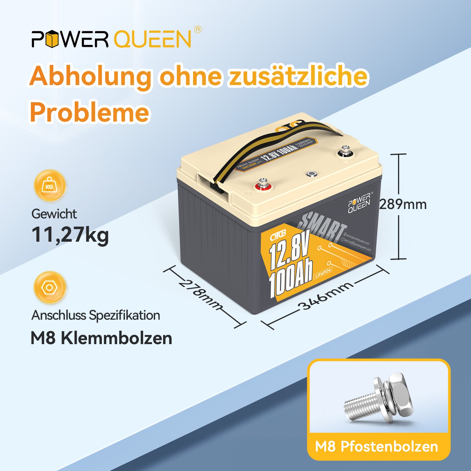 Power Queen 12.8V 100Ah Low Temp OTCB LiFePO4 Battery, Built-in 100A BMS