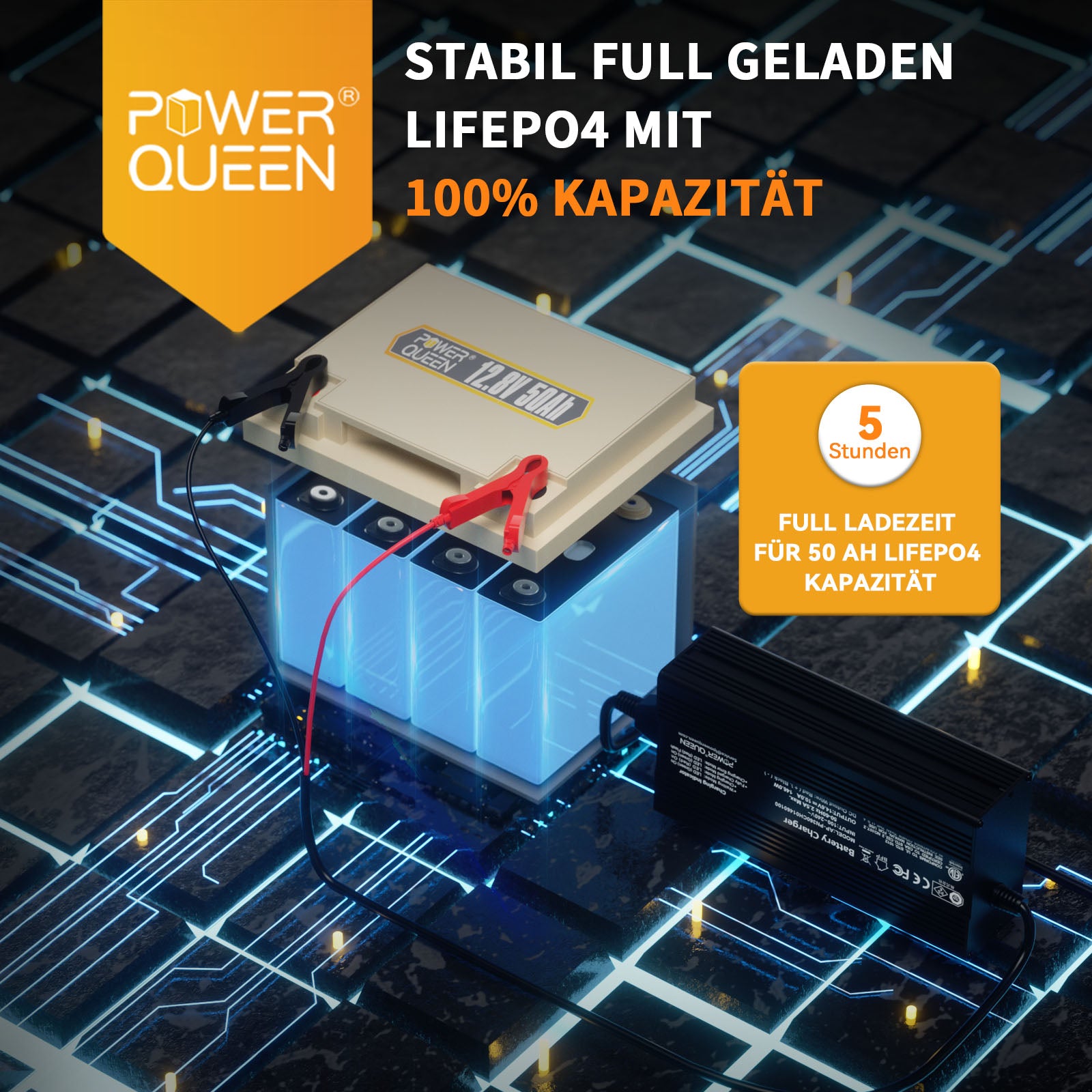 Power Queen 12.8V 50Ah LiFePO4 battery with 14.6V 10A LiFePO4 charger