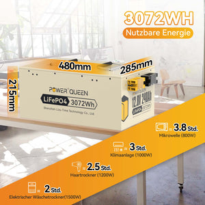 【0% Mwst.】Power Queen 12V 240Ah LiFePO4 Batterie, Eingebautes 150A BMS