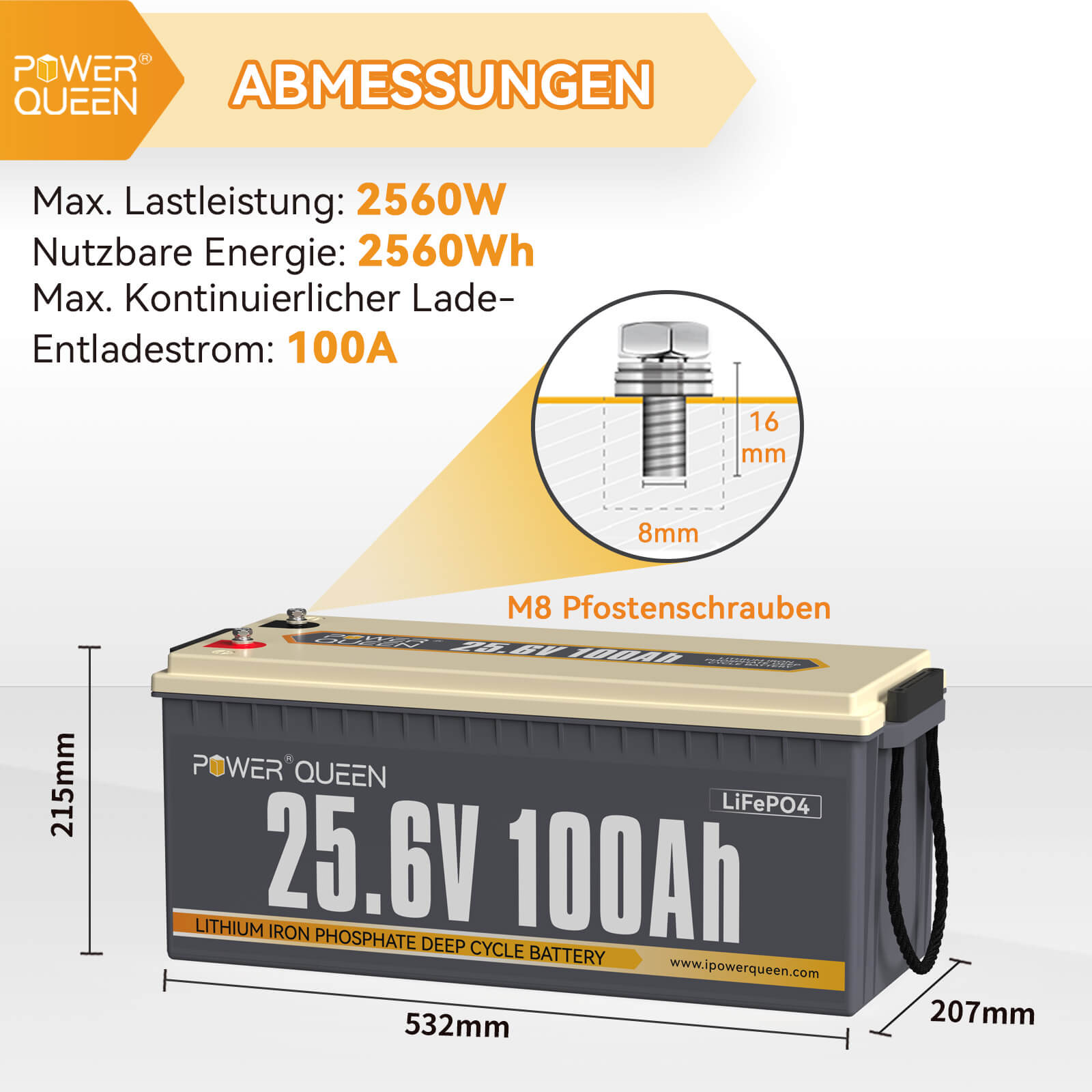 【Als nieuw】Power Queen 25,6V 100Ah LiFePO4-batterij, ingebouwd 100A BMS