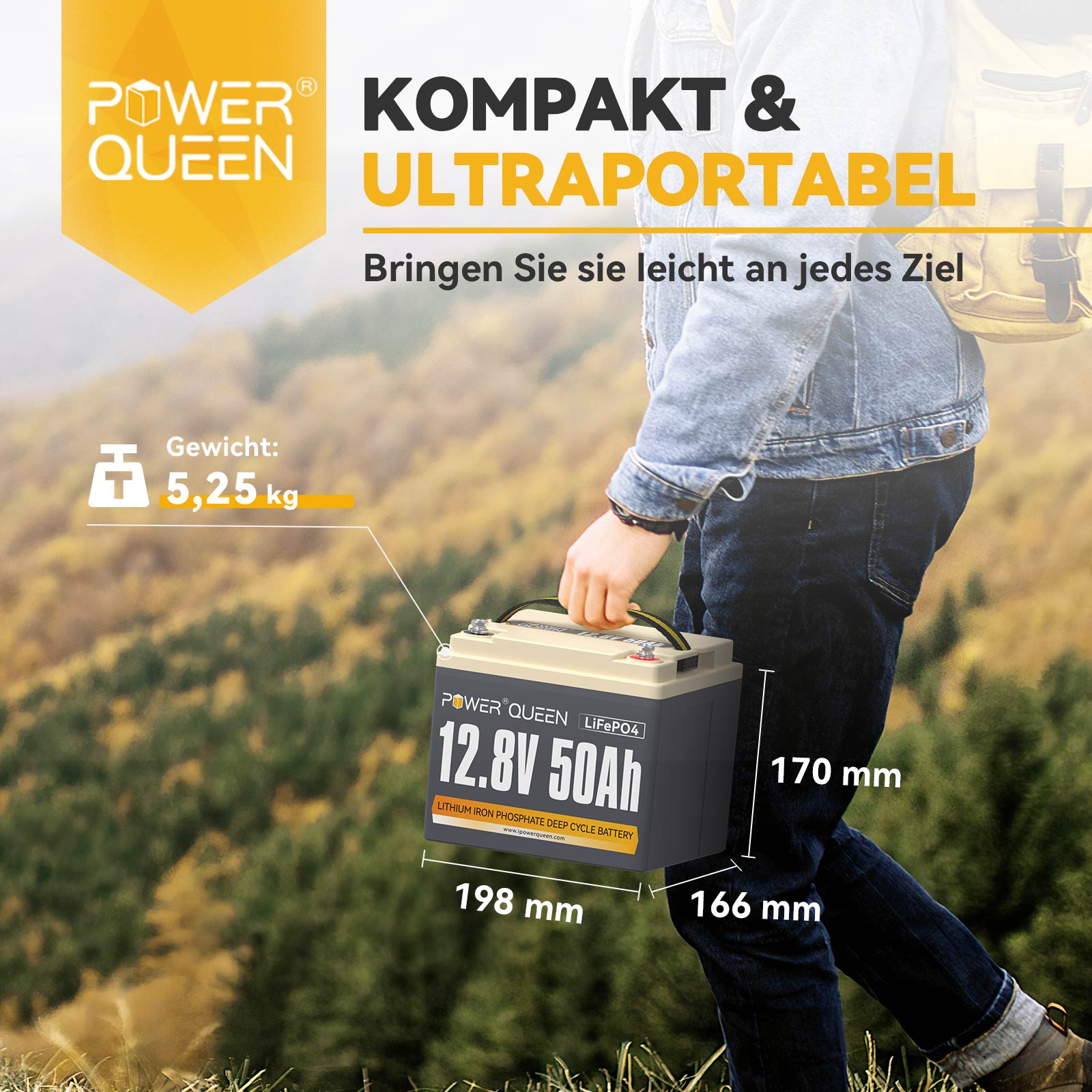 Power Queen 12.8V 50Ah LiFePO4 battery, built-in 50A BMS