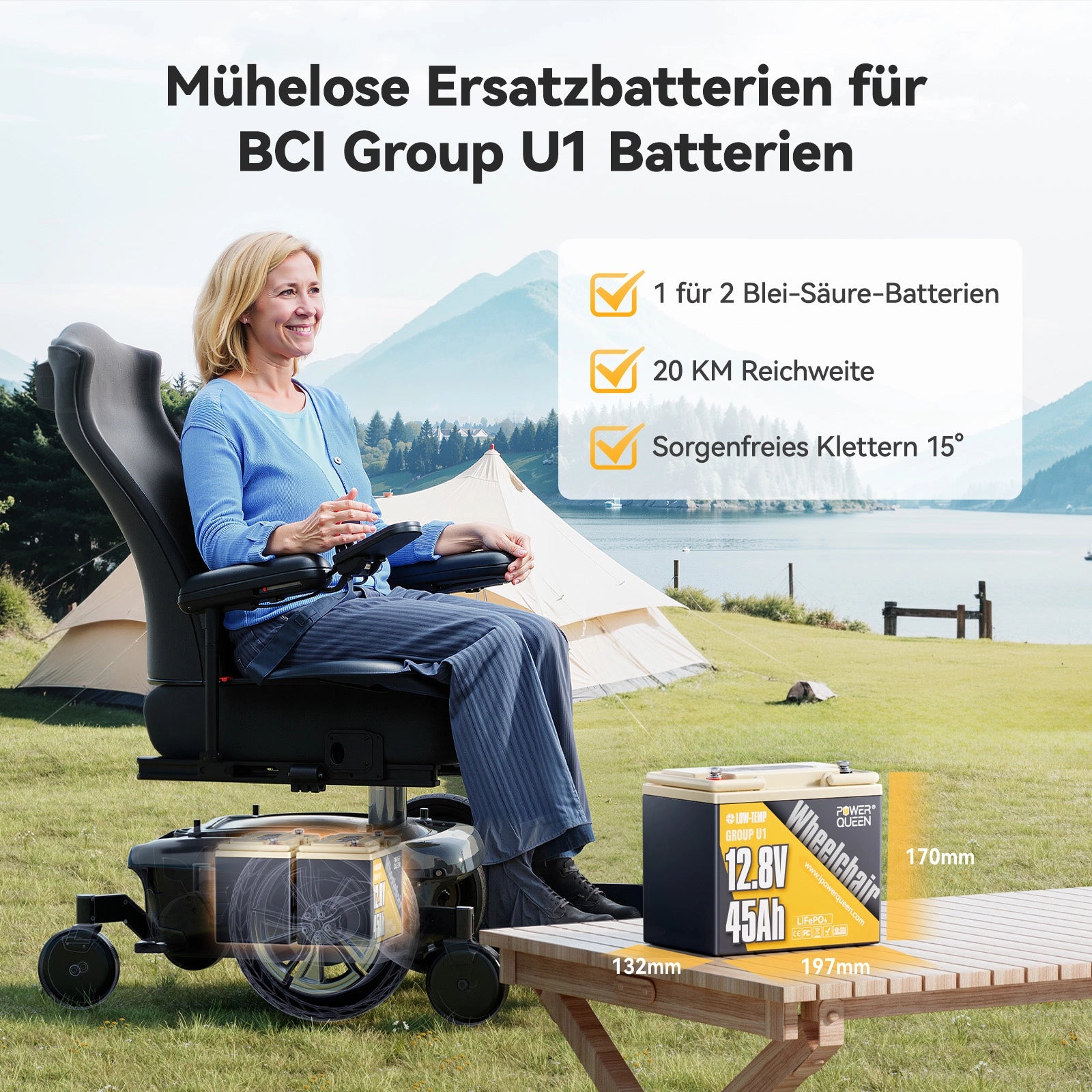 Bateria Power Queen LiFePO4 12V 45Ah Grupo U1 para scooter de mobilidade sênior