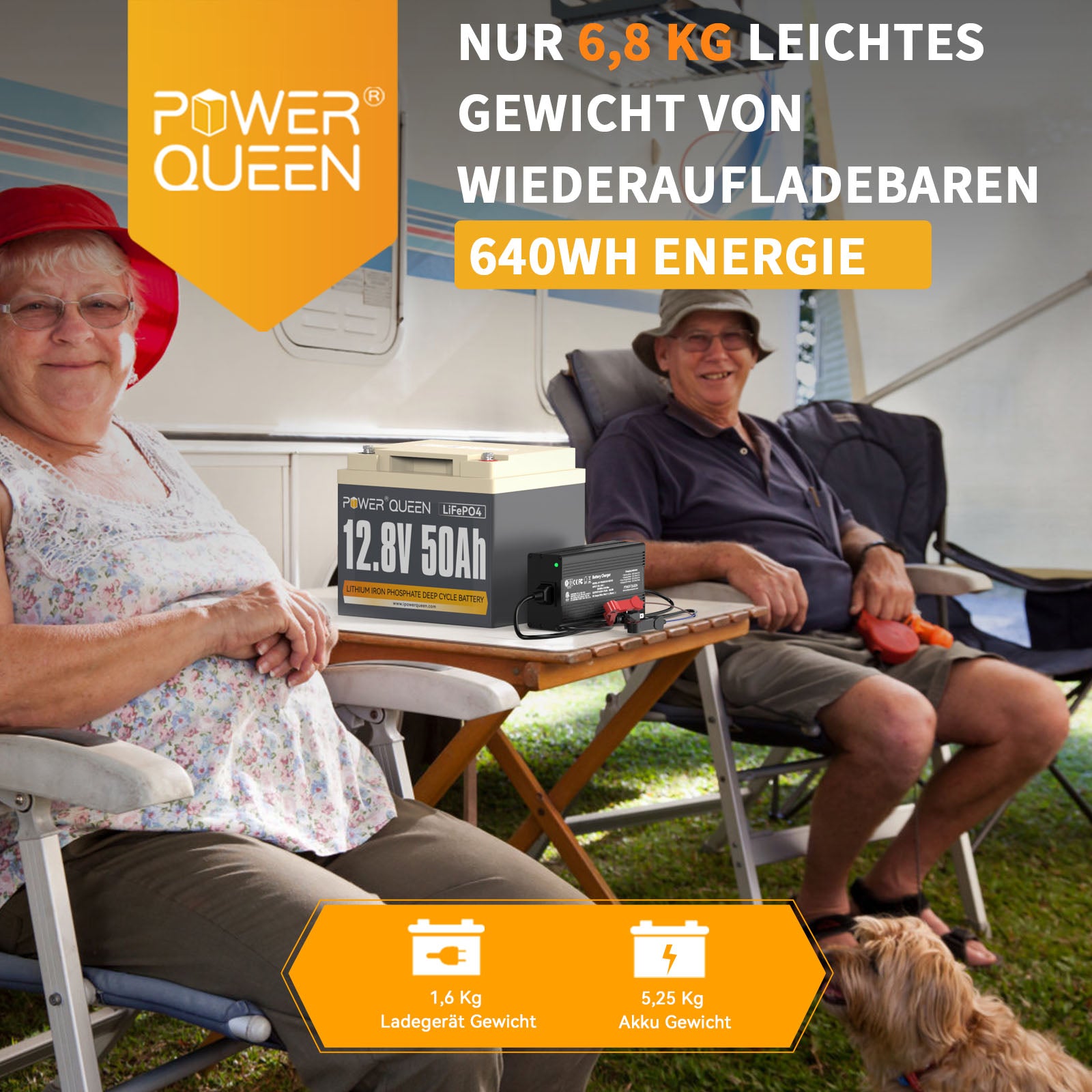 Power Queen 12.8V 50Ah LiFePO4 battery with 14.6V 10A LiFePO4 charger