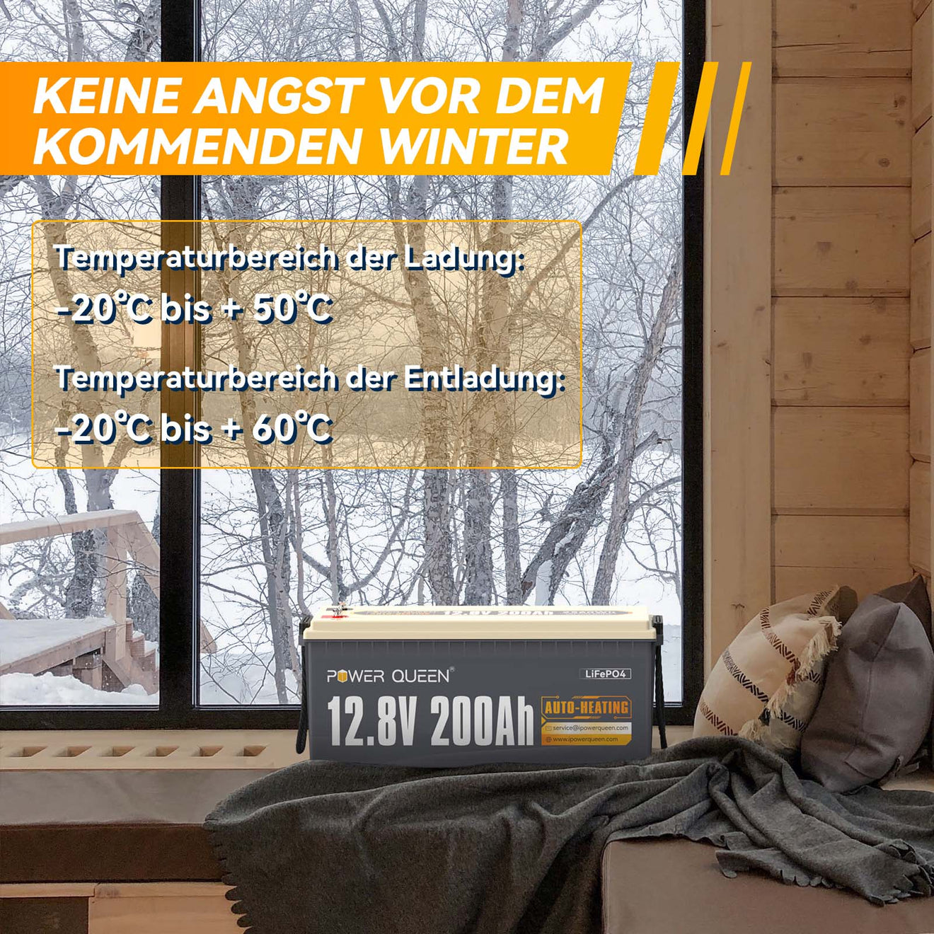 【0% VAT】Power Queen 12V 200Ah self-heating LiFePO4 battery, built-in 100A BMS