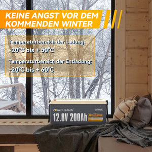 Batería LiFePO4 autocalentable Power Queen de 12,8 V y 200 Ah, BMS integrado de 100 A