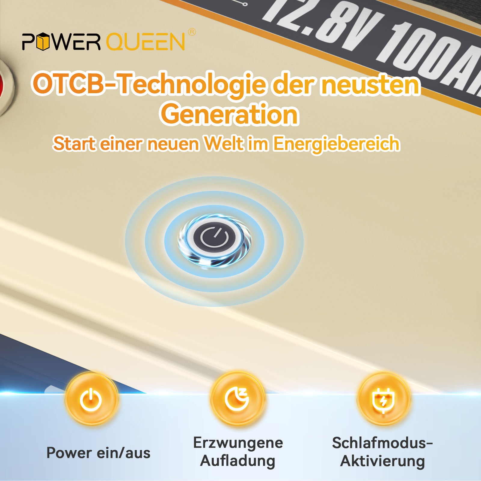 【0% Mwst.】Power Queen 12,8V 100Ah OTCB Smart LiFePO4-Akku, eingebautes 100A BMS