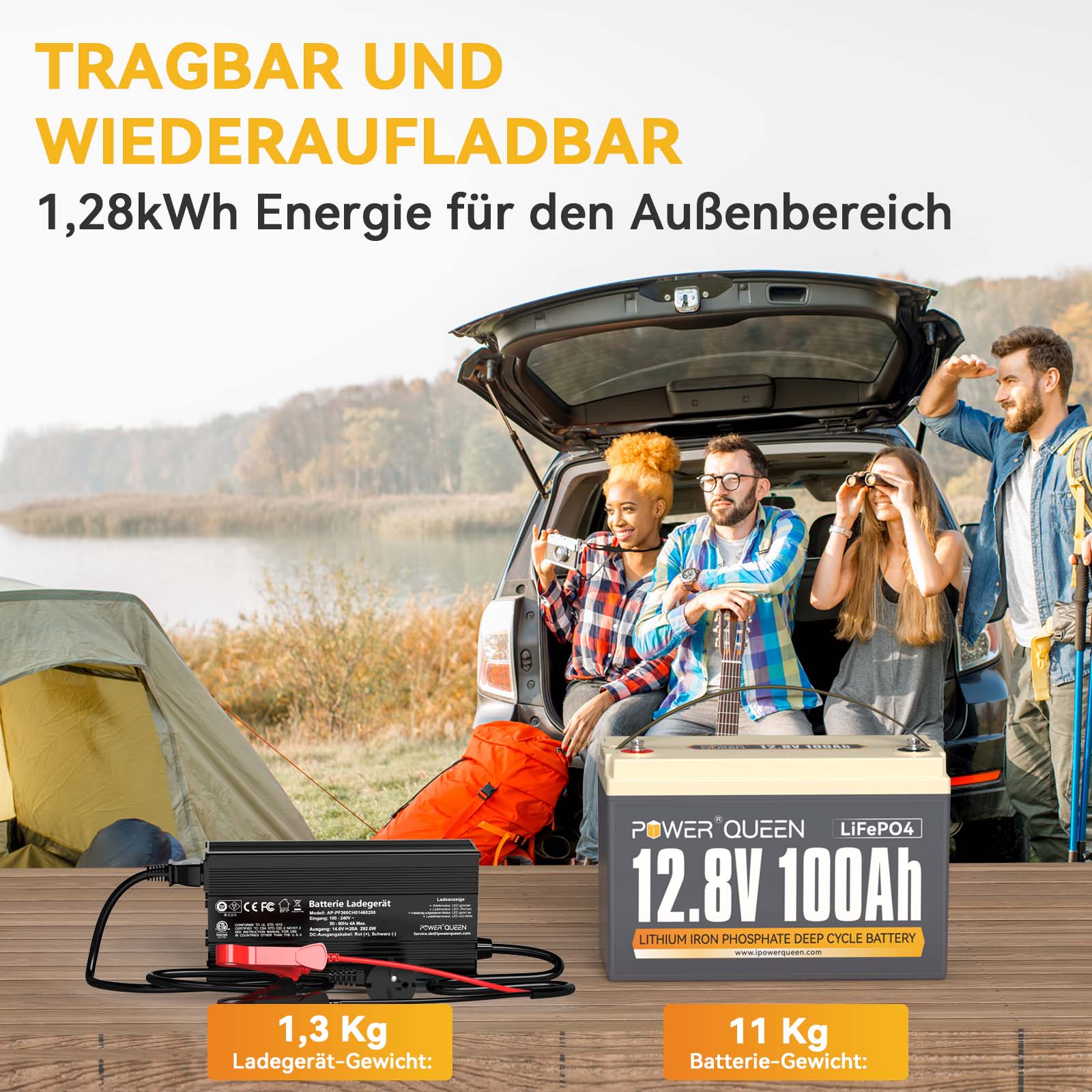 Batterie Power Queen 12,8 V 100 Ah LiFePO4 avec chargeur 14,6 V 20 A LiFePO4
