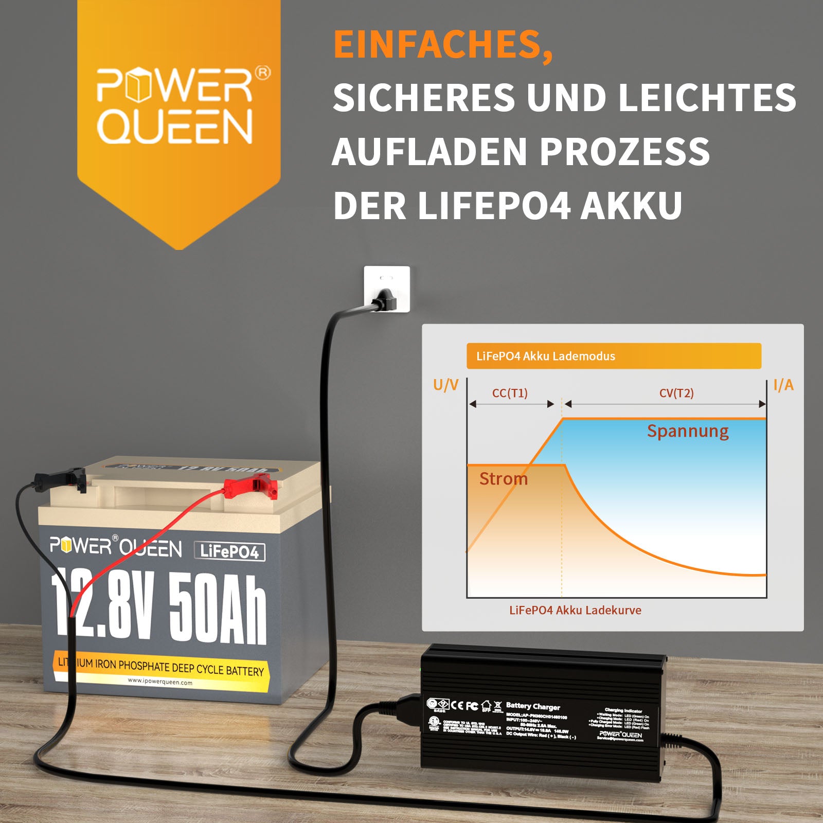 Power Queen 12.8V 50Ah LiFePO4 battery with 14.6V 10A LiFePO4 charger