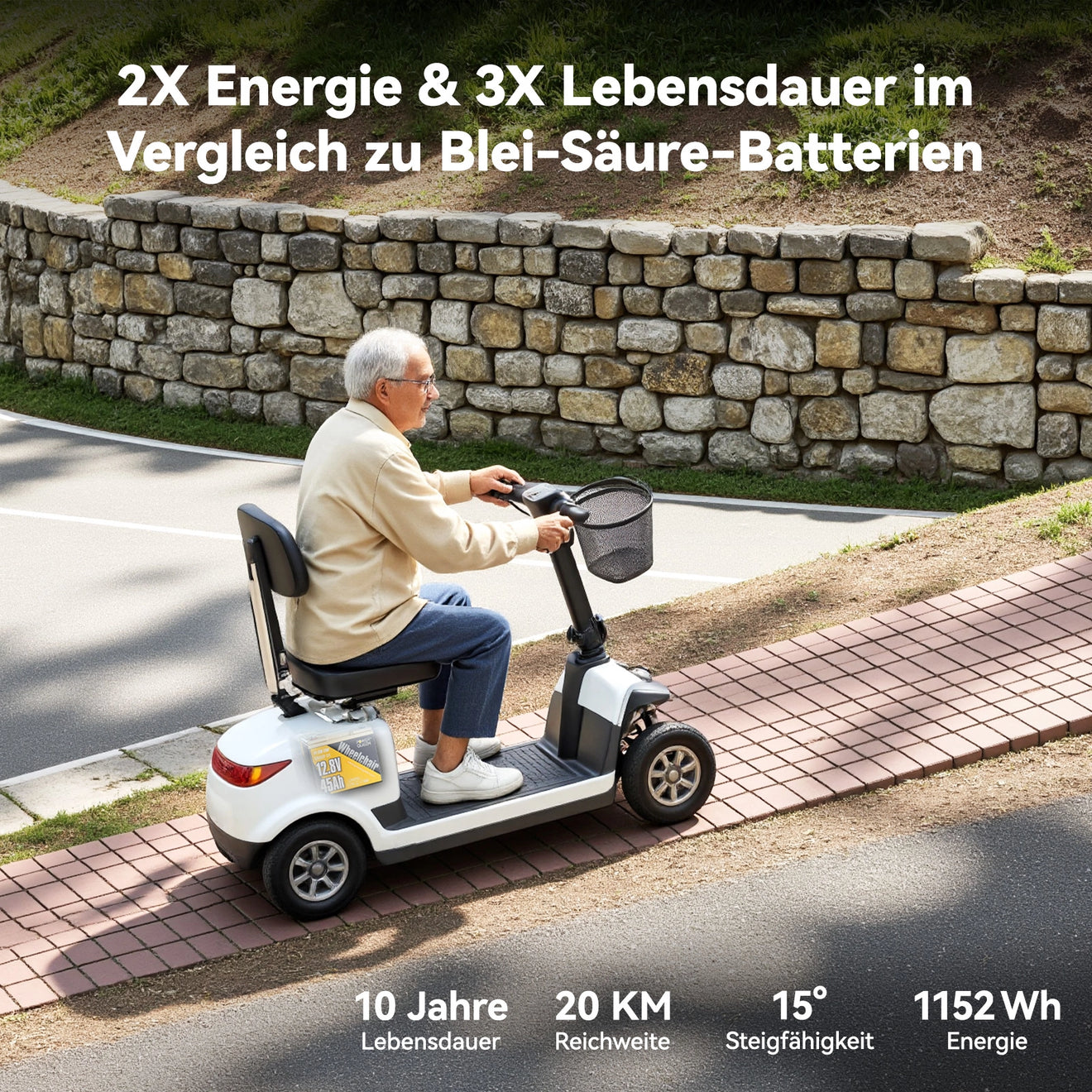 Power Queen LiFePO4 12V 45Ah Gruppe U1 Batterie für Senioren-Elektromobil