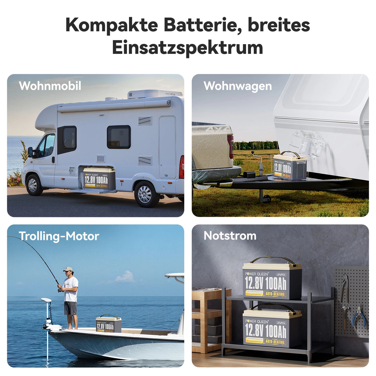 Power Queen 12V 100Ah Selbstheizende LiFePO4 Batterie, Eingebautes 100A BMS