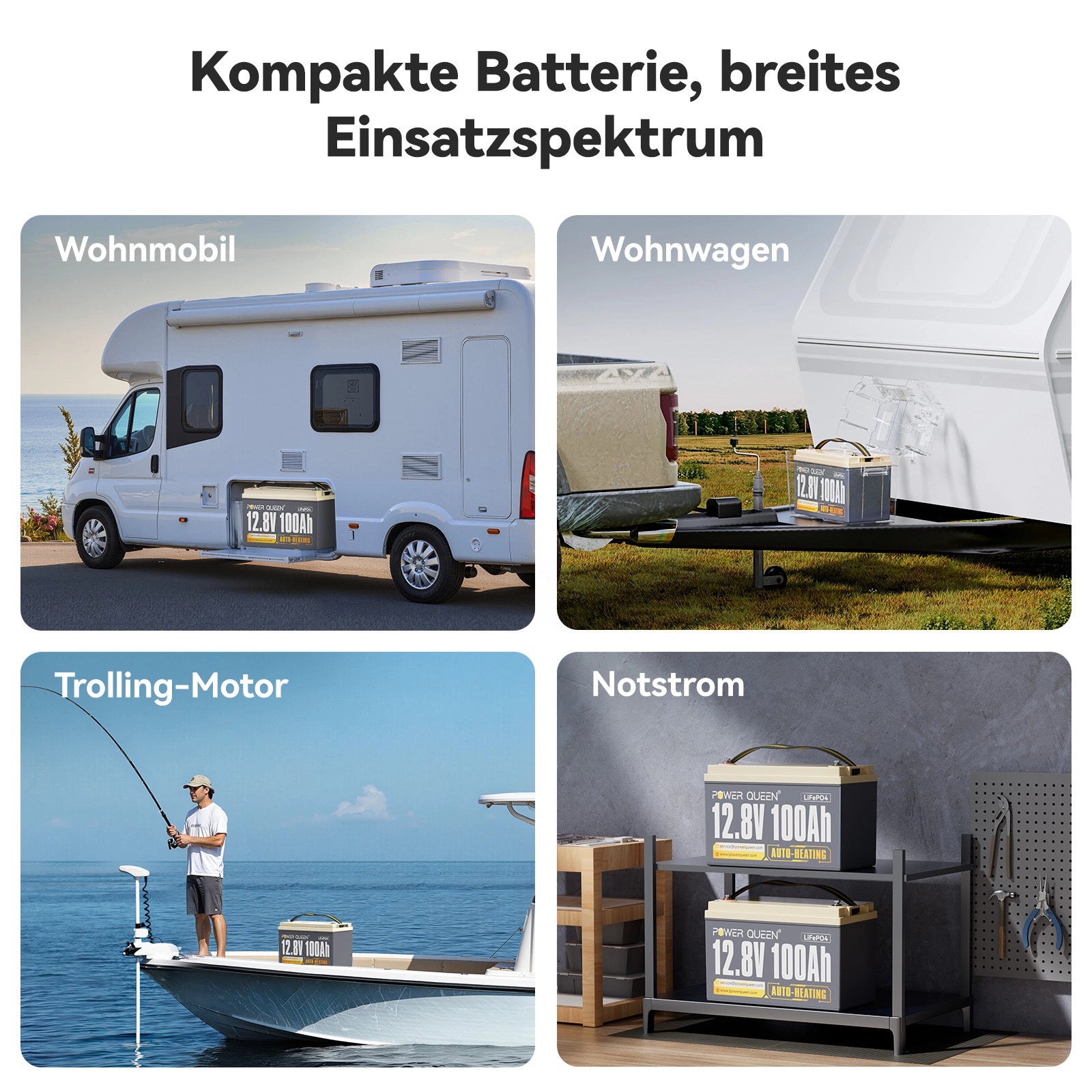 Bateria Power Queen 12V 100Ah com autoaquecimento LiFePO4, 100A BMS integrada