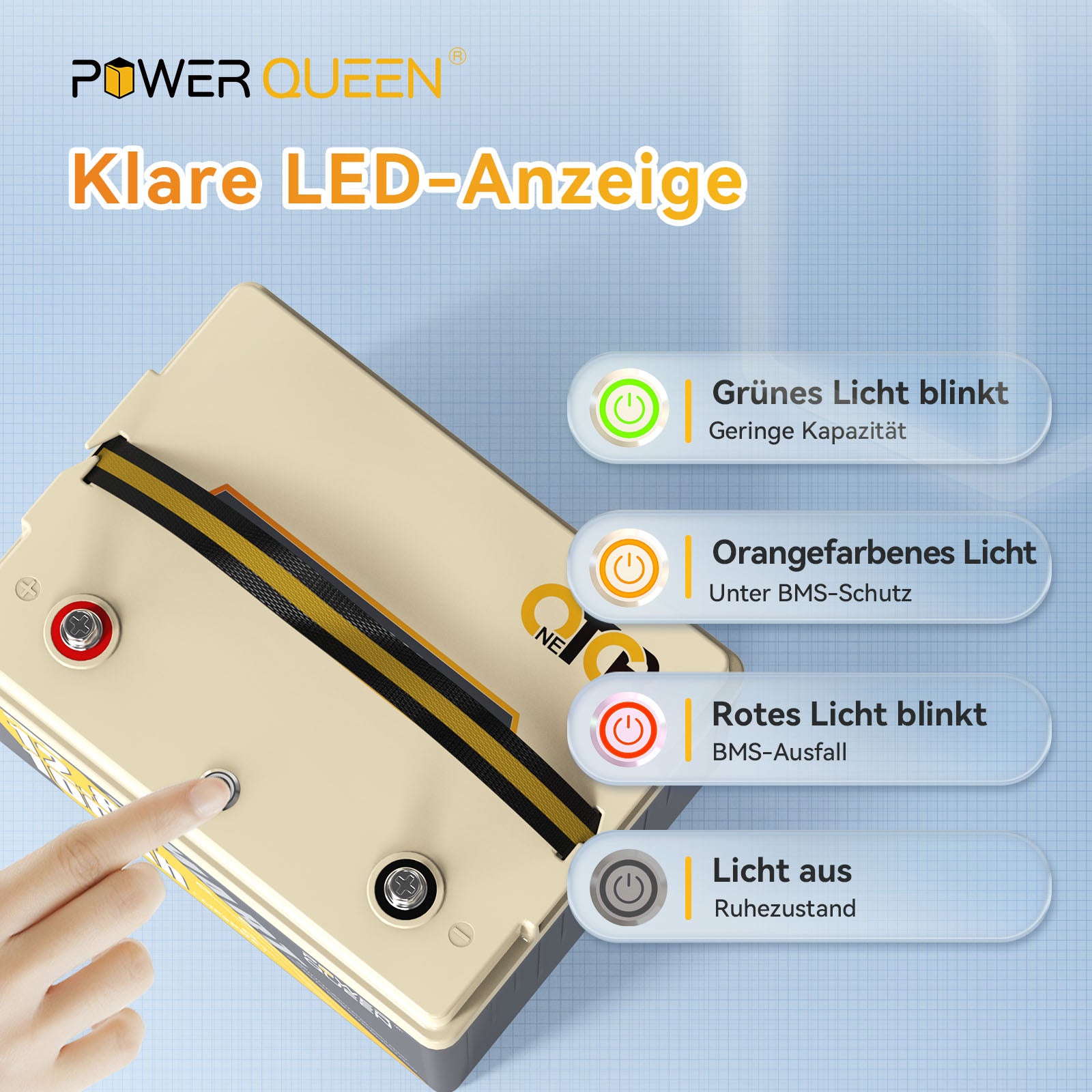 【0% BTW】Power Queen 12,8 V 100 Ah OTCB Smart LiFePO4-batterij, ingebouwd 100 A BMS