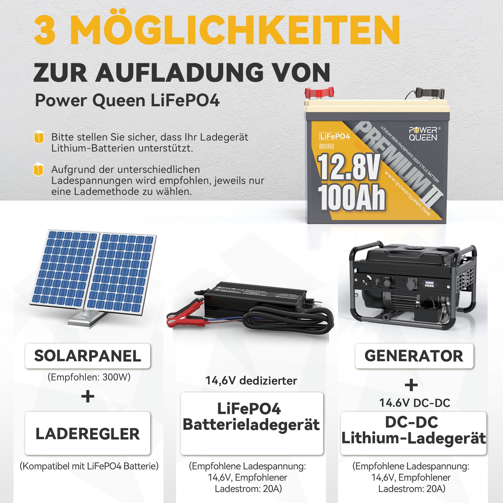 Lademethoden, LiFePO4 Ladegerät, Solarpanel Aufladung, Generator DC-DC Aufladung