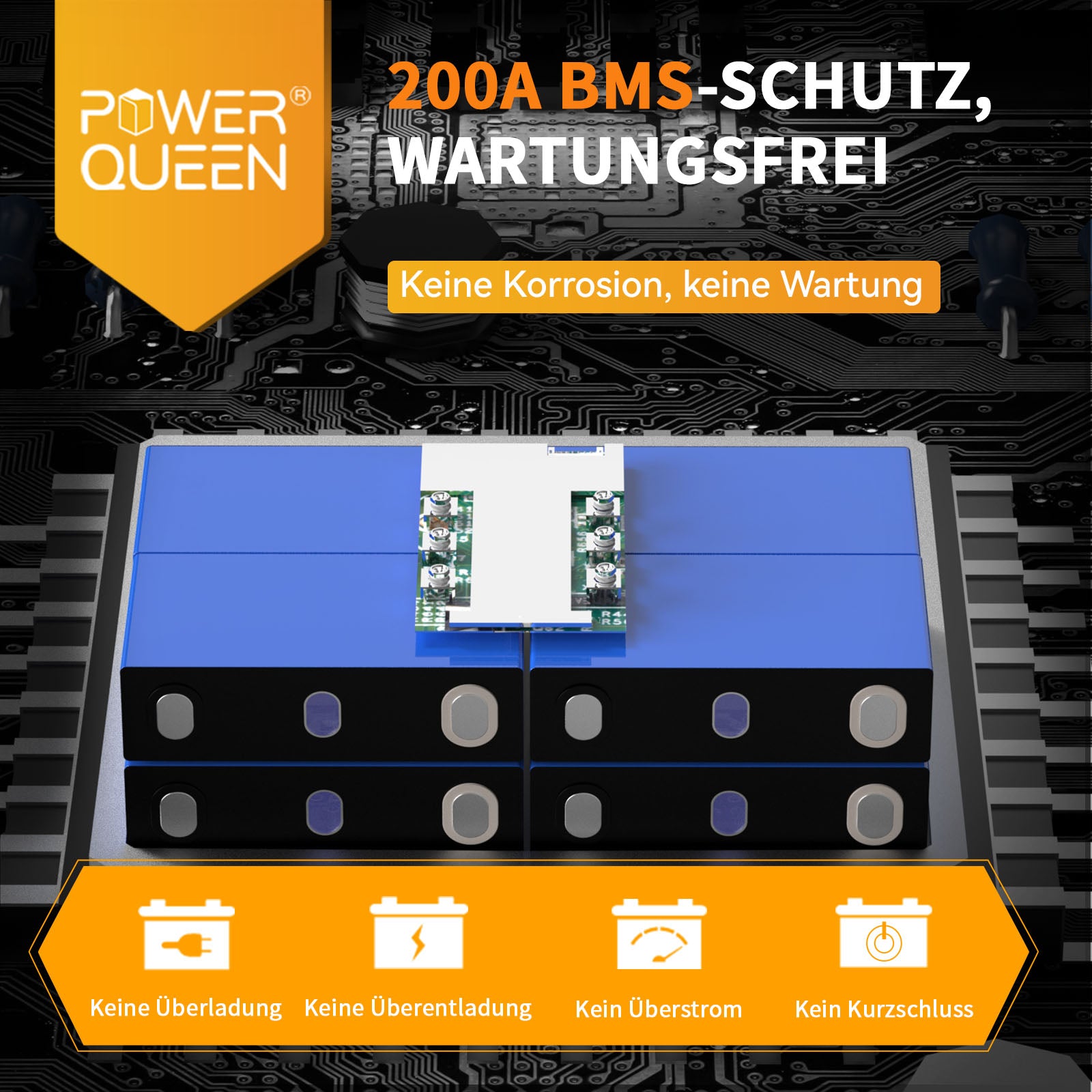 Power Queen 12V 300Ah LiFePO4 battery, integrated 200A BMS