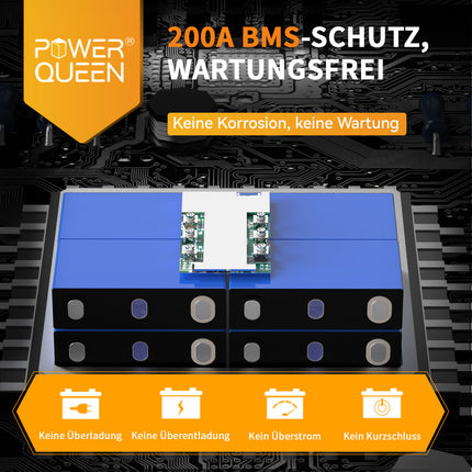 Power Queen 12V 300Ah LiFePO4 Batterie, Integriertes 200A BMS