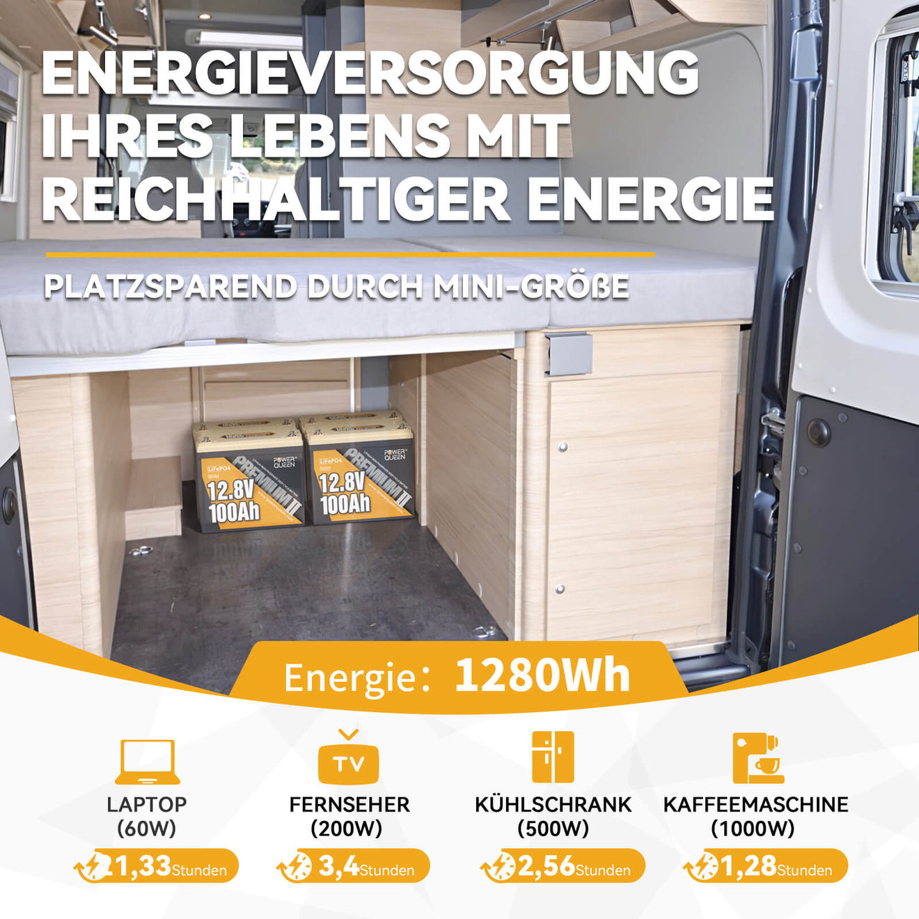 Batteria Power Queen Mini LiFePO4 12V 100Ah con caricabatterie LiFePO4 14,6V 20A