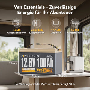 Power Queen 12V 100Ah Selbstheizende LiFePO4 Batterie, Eingebautes 100A BMS