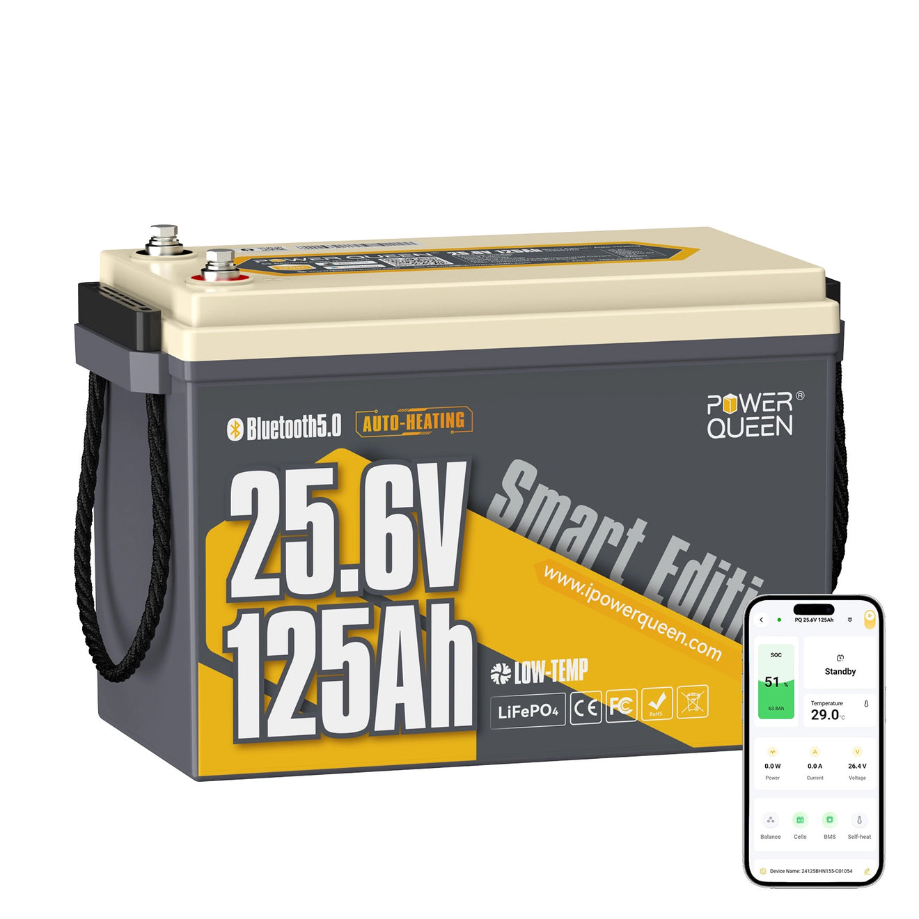 Power Queen 24V 125Ah Smart LiFePO4 Bootsbatterie mit Selbstheizung