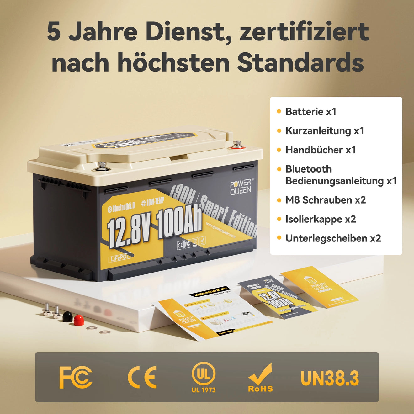 (0% VAT) Power Queen LiFePO4 12V 100Ah 190H Smart Motorhome Battery