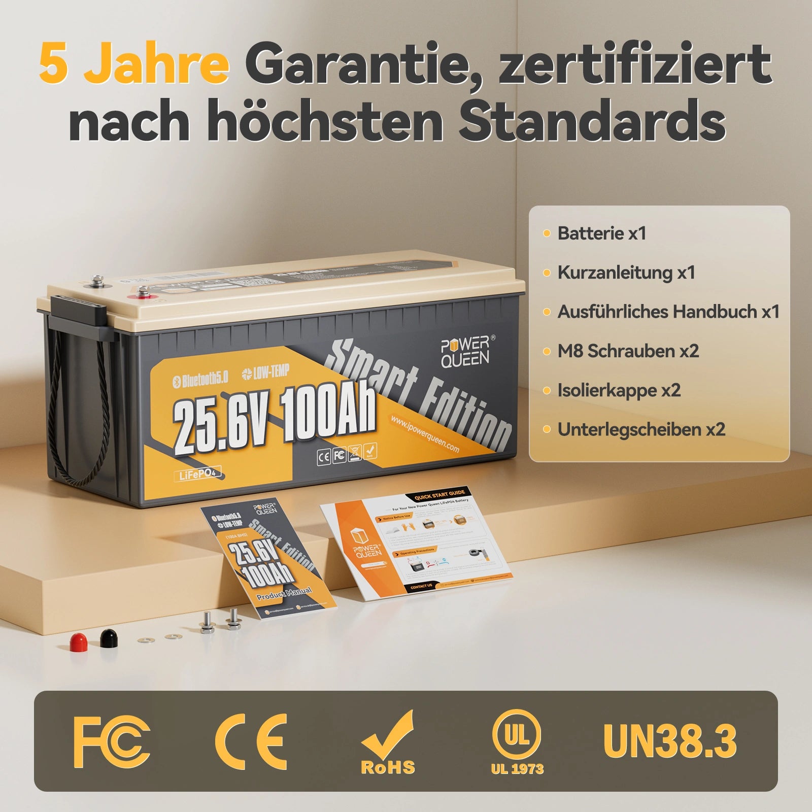 Power Queen LiFePO4 24V 100Ah slimme zonnebatterij met Bluetooth