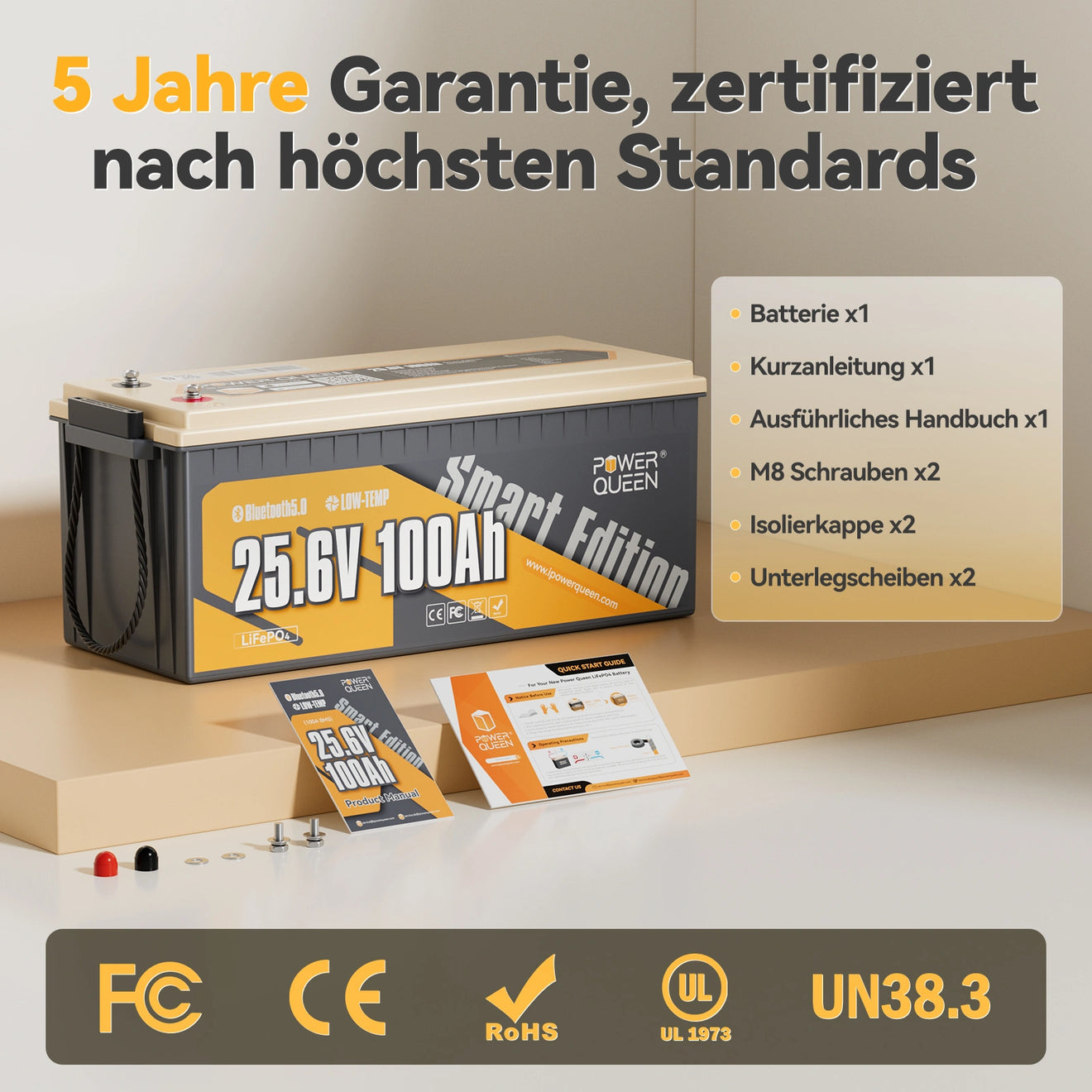 Power Queen LiFePO4 24V 100Ah Smart Solarbatterie mit Bluetooth