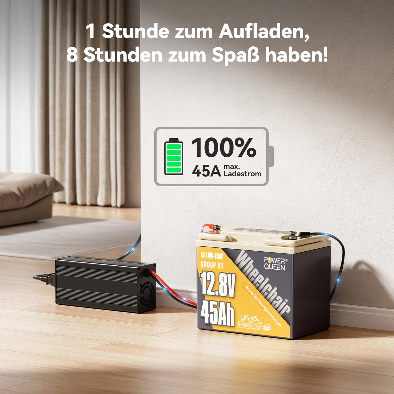 Power Queen LiFePO4 12V 45Ah Gruppe U1 Batterie für Senioren-Elektromobil