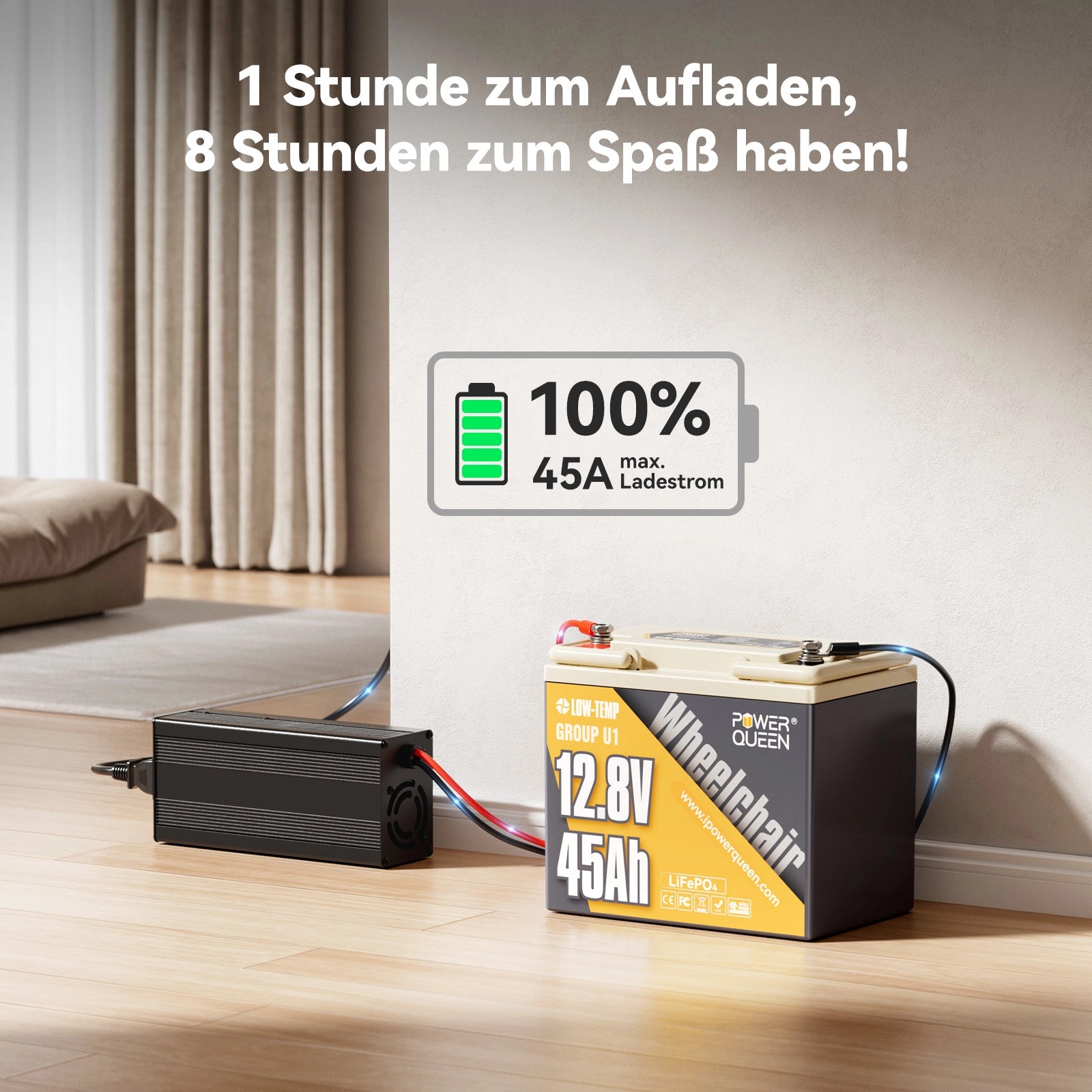 Bateria Power Queen LiFePO4 12V 45Ah Grupo U1 para scooter de mobilidade sênior